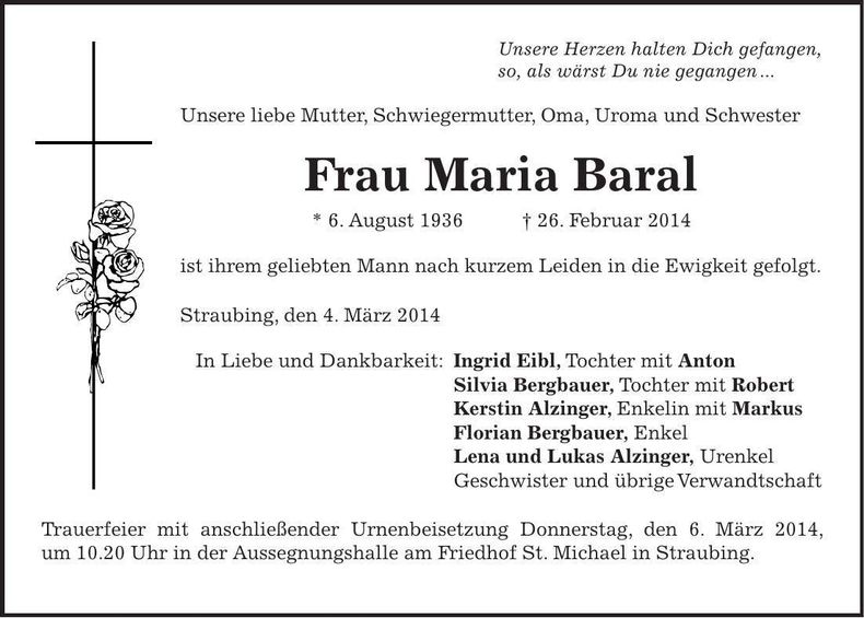 Traueranzeige Maria Baral