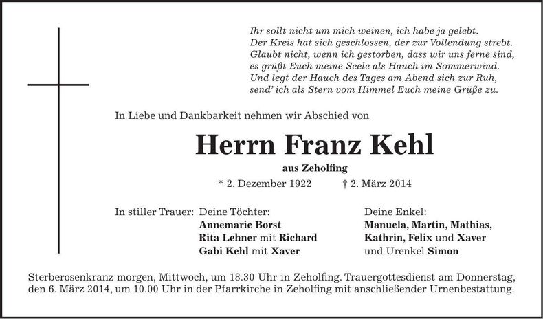 Traueranzeige Franz Kehl