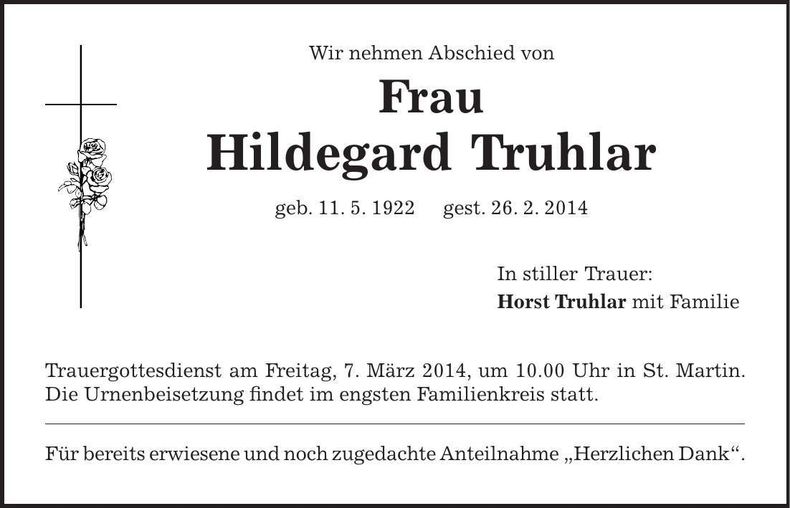 Traueranzeige Hildegard Truhlar