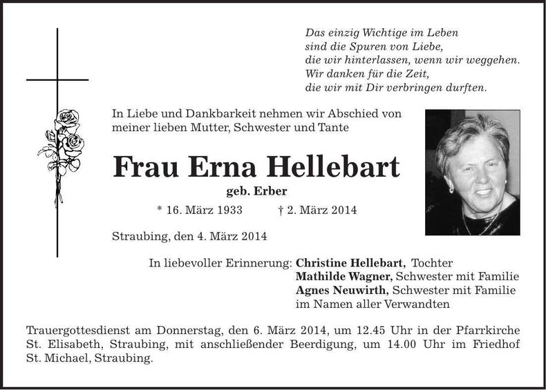 Traueranzeige Erna Hellebart