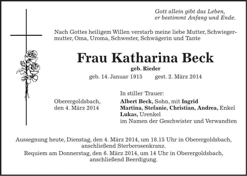 Traueranzeige Katharina Beck