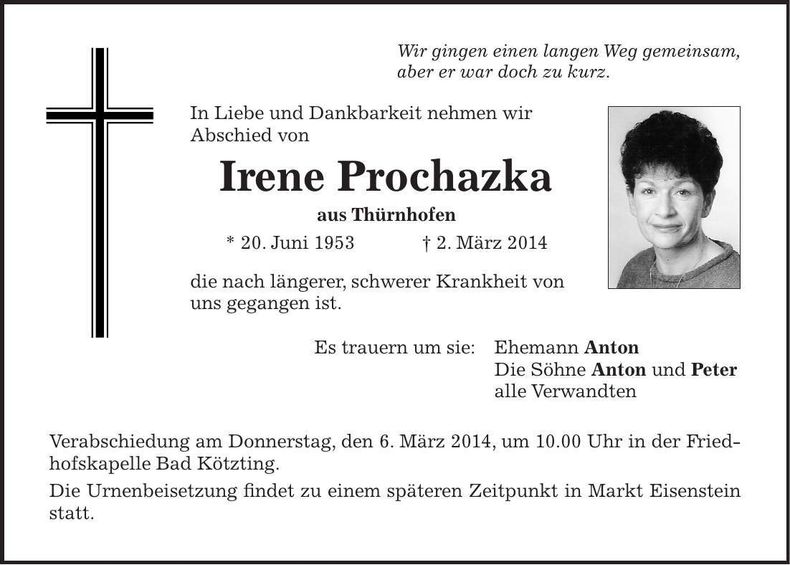 Traueranzeige Irene Prochazka
