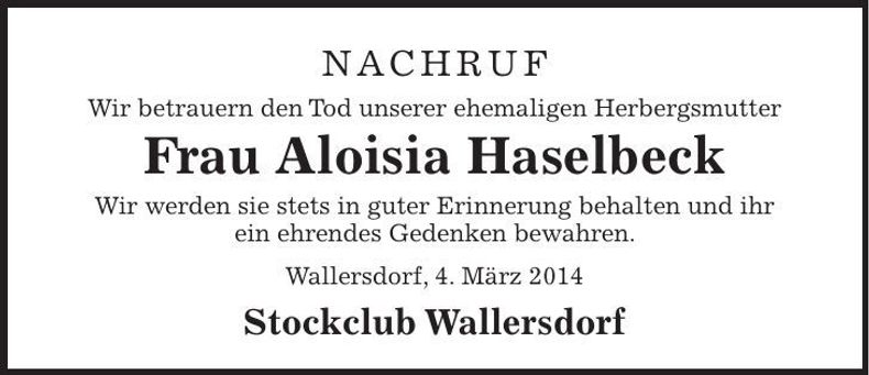 Traueranzeige Aloisia Haselbeck