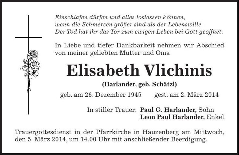 Traueranzeige Elisabeth Vlichinis