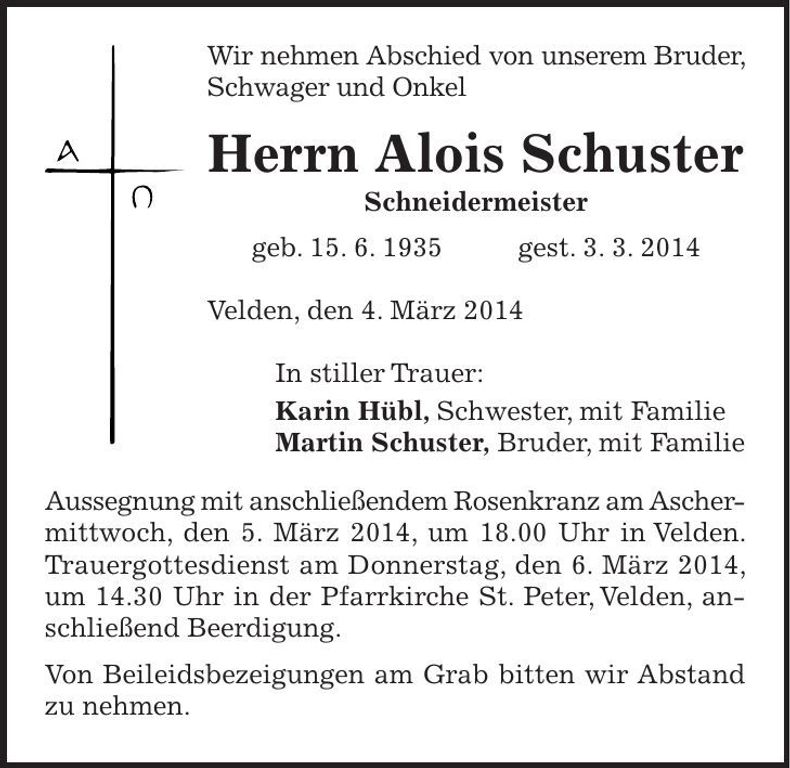 Traueranzeige Alois Schuster