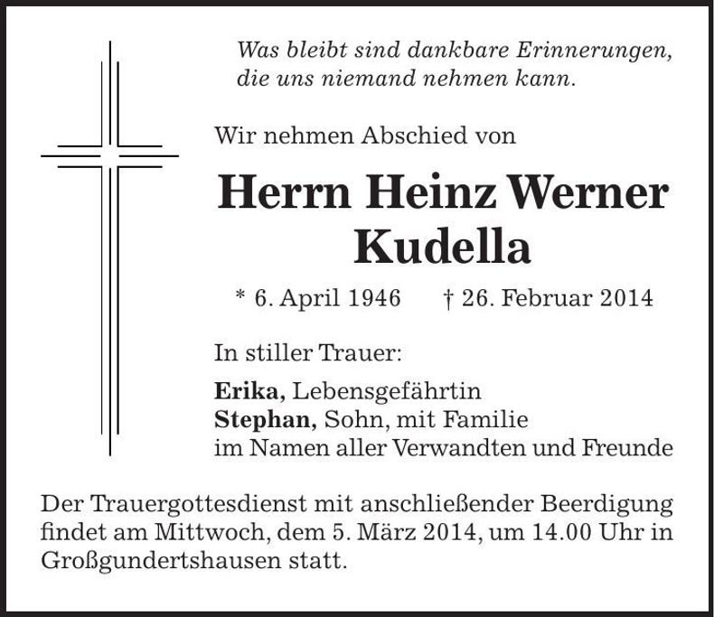 Traueranzeige Heinz Werner Kudella