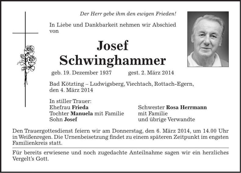 Traueranzeige Josef Schwinghammer