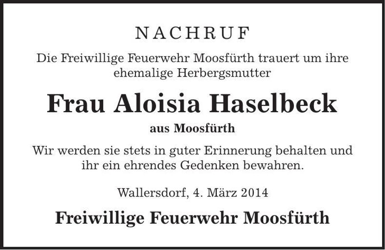 Traueranzeige Aloisia Haselbeck