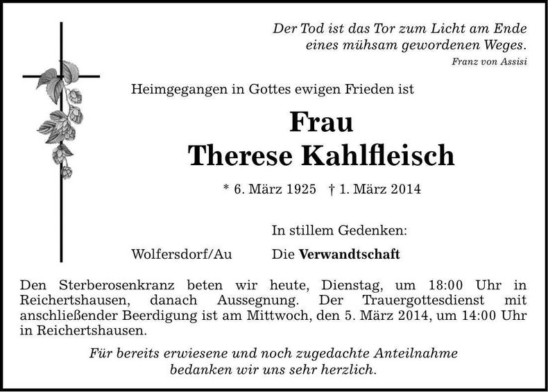 Traueranzeige Therese Kahlfleisch