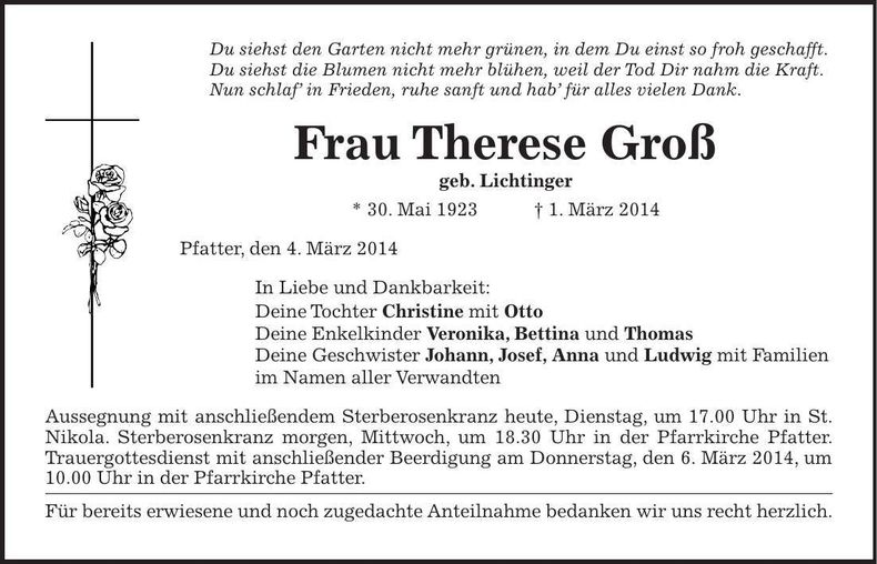 Traueranzeige Therese Groß