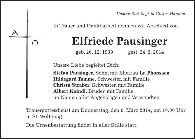 Traueranzeige Elfriede Pausinger