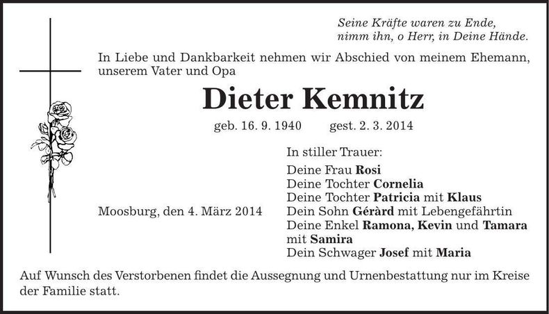 Traueranzeige Dieter Kemnitz
