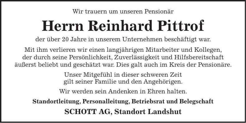 Traueranzeige Reinhard Pittrof