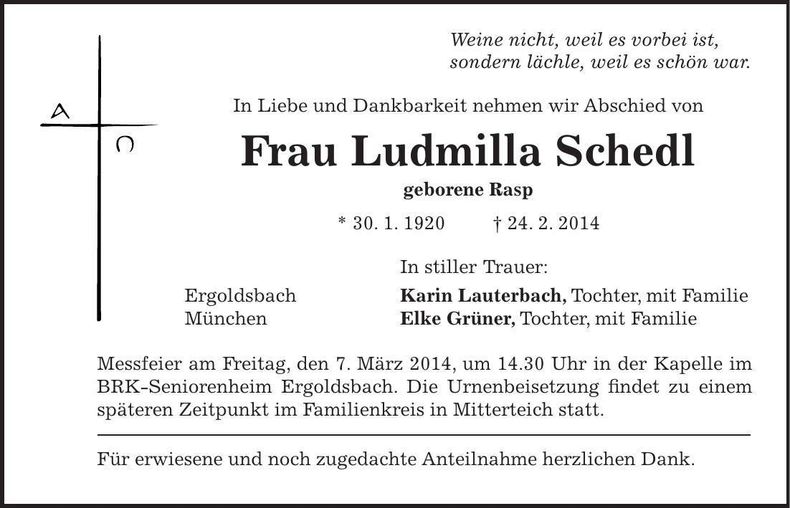 Traueranzeige Ludmilla Schedl