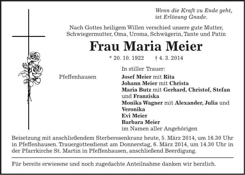 Traueranzeige Maria Meier