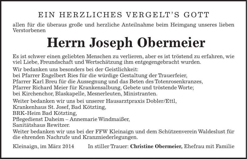 Traueranzeige Joseph Obermeier