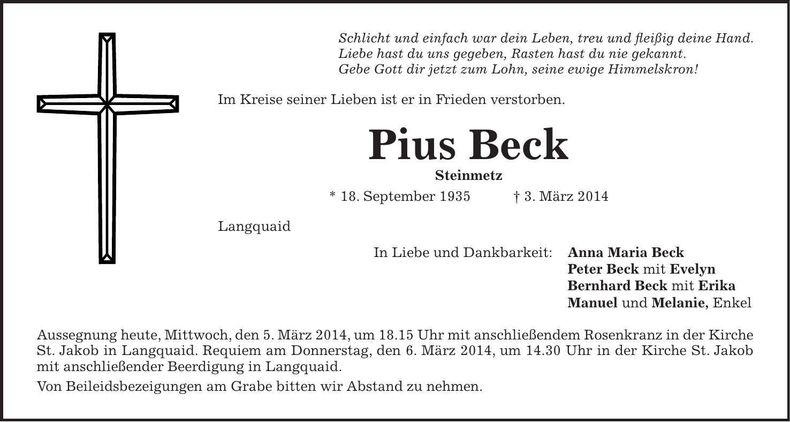 Traueranzeige Pius Beck