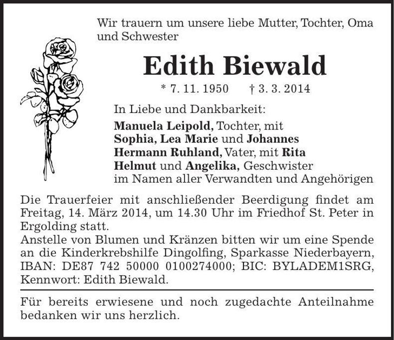 Traueranzeige Edith Biewald