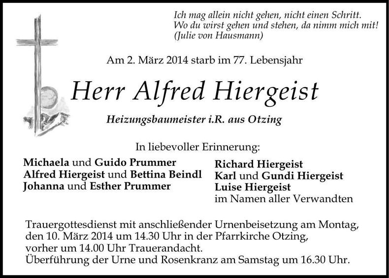 Traueranzeige Alfred Hiergeist