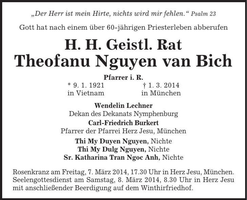 Traueranzeige Theofanu Nguyen van Bich