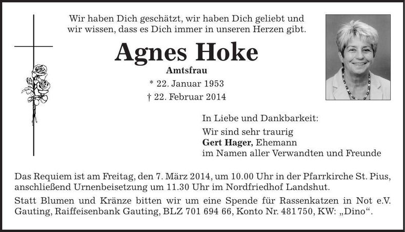 Traueranzeige Agnes Hoke