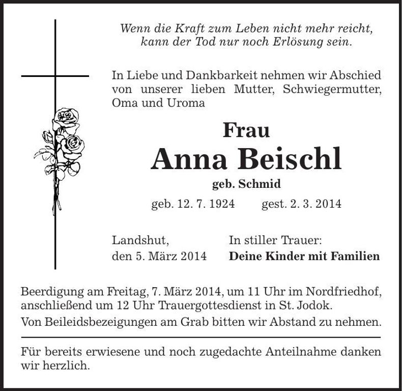 Traueranzeige Anna Beischl