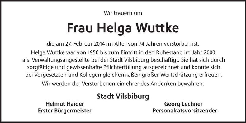 Traueranzeige Helga Wuttke
