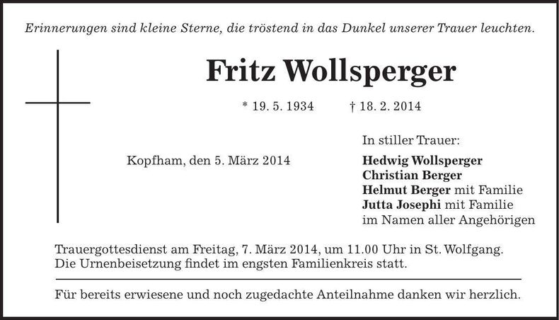 Traueranzeige Fritz Wollsperger