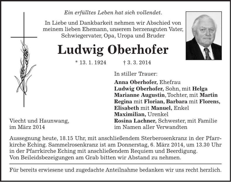 Traueranzeige Ludwig Oberhofer