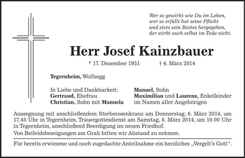 Traueranzeige Josef Kainzbauer