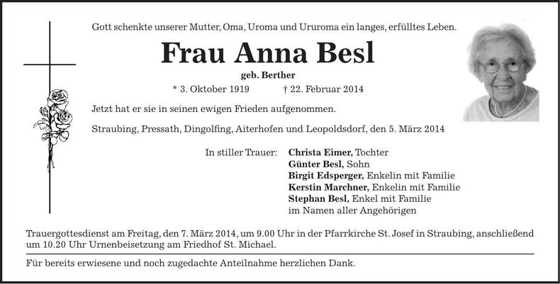 Traueranzeige Anna Besl