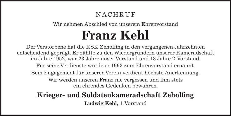 Traueranzeige Franz Kehl