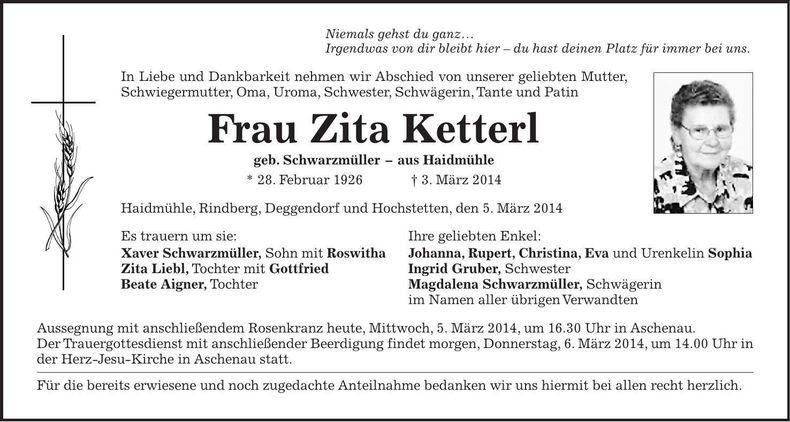 Traueranzeige Zita Ketterl