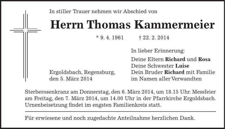 Traueranzeige Thomas Kammermeier