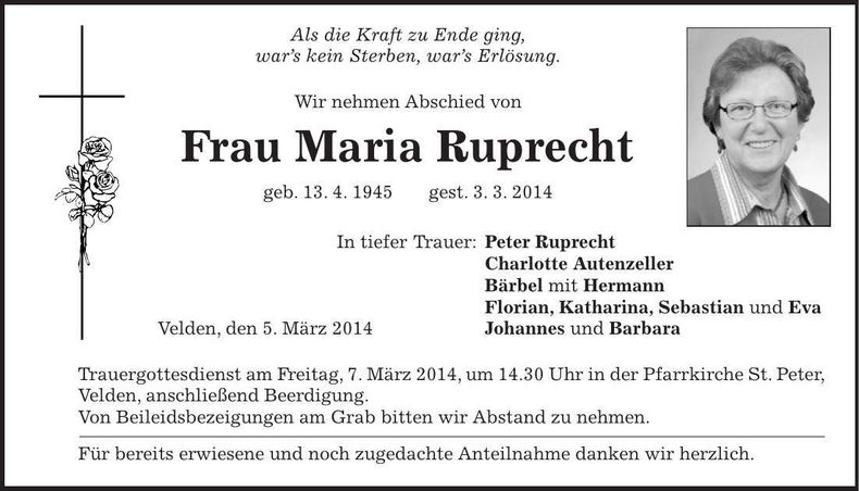 Traueranzeige Maria Ruprecht
