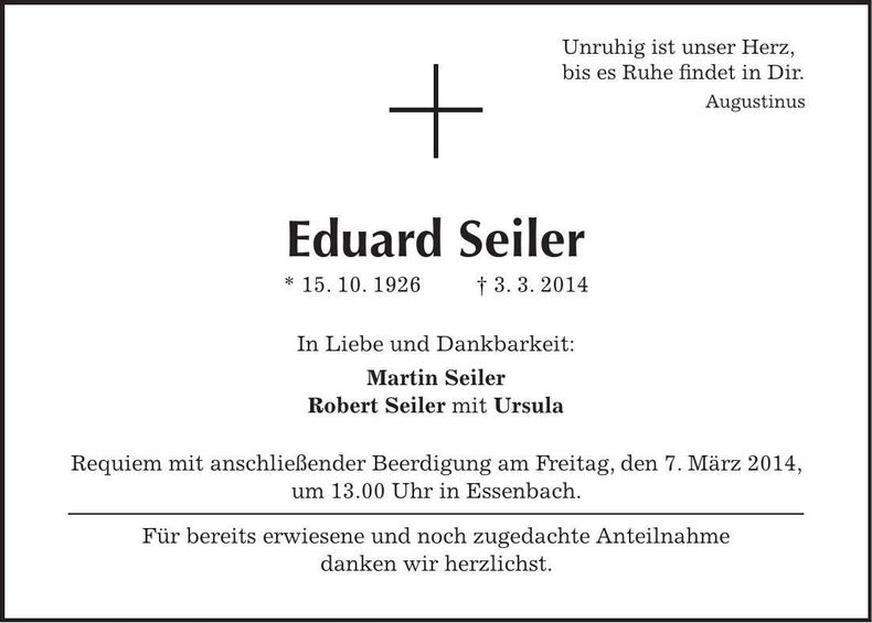Traueranzeige Eduard Seiler