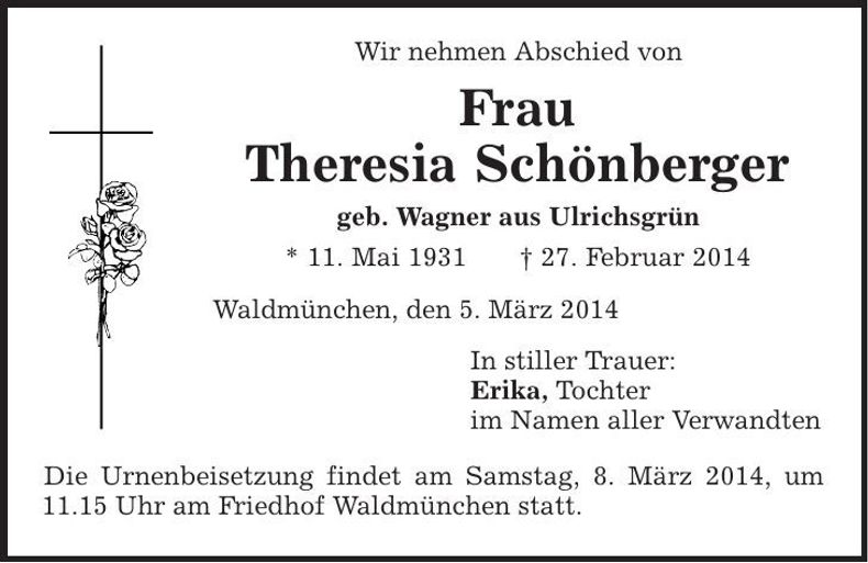 Traueranzeige Theresia Schönberger