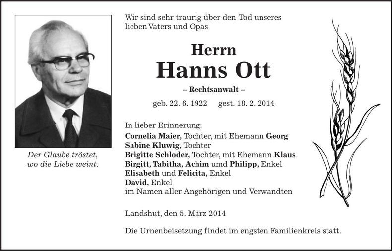 Traueranzeige Hanns Ott