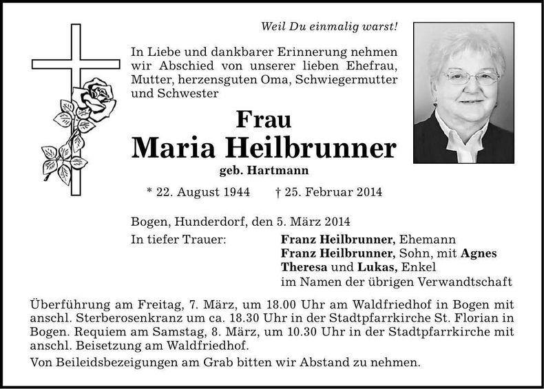 Traueranzeige Maria Heilbrunner
