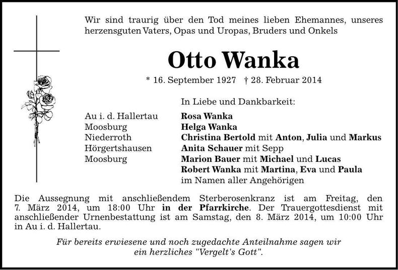 Traueranzeige Otto Wanka