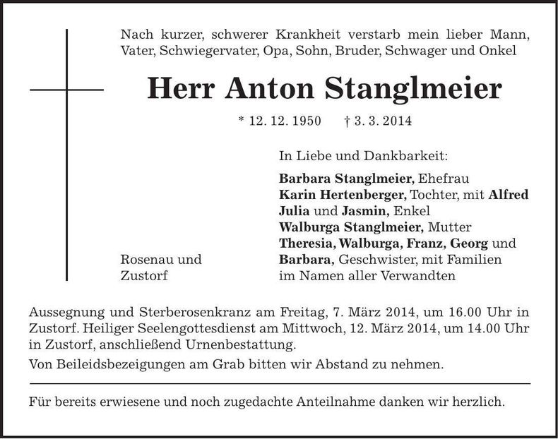Traueranzeige Anton Stanglmeier