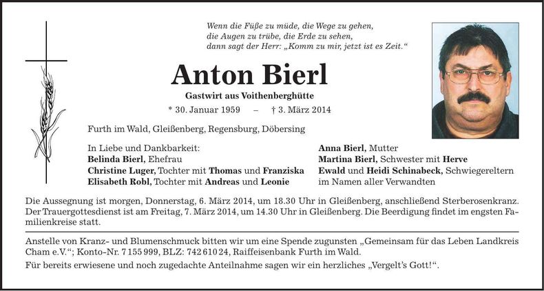 Traueranzeige Anton Bierl