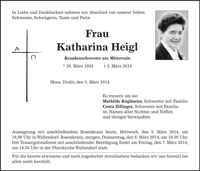 Traueranzeige Katharina Heigl