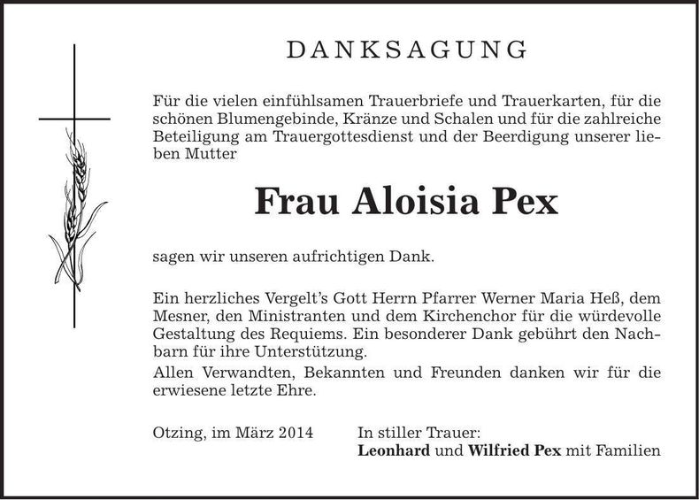 Traueranzeige Aloisia Pex