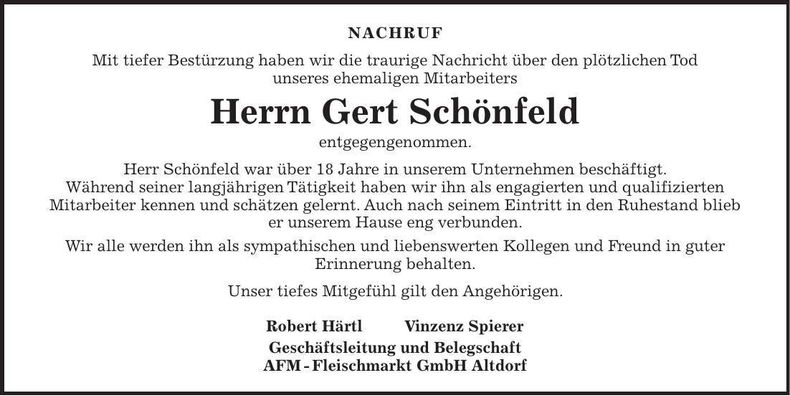 Traueranzeige Gert Schönfeld