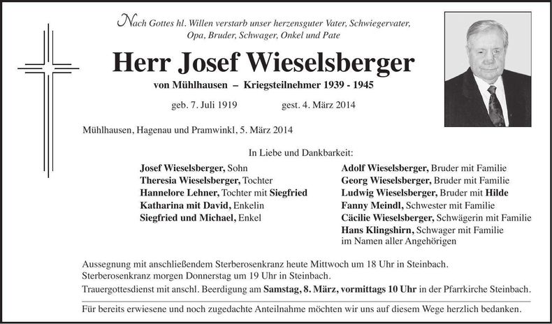 Traueranzeige Josef Wieselsberger