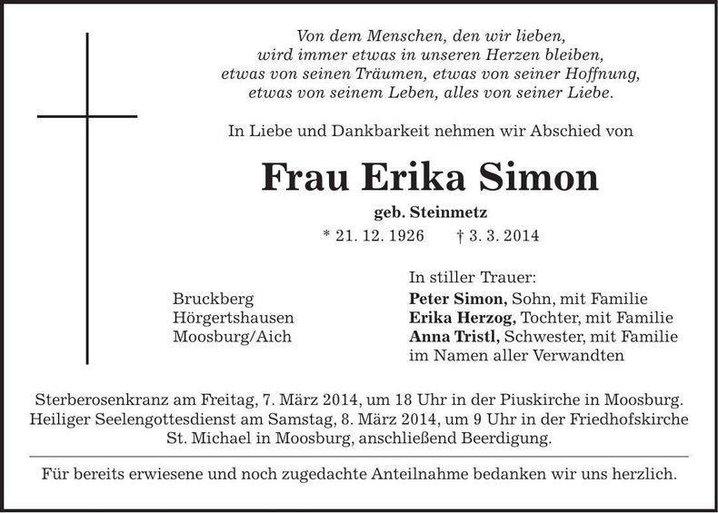 Traueranzeige Erika Simon