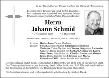 Traueranzeige Johann Schmid
