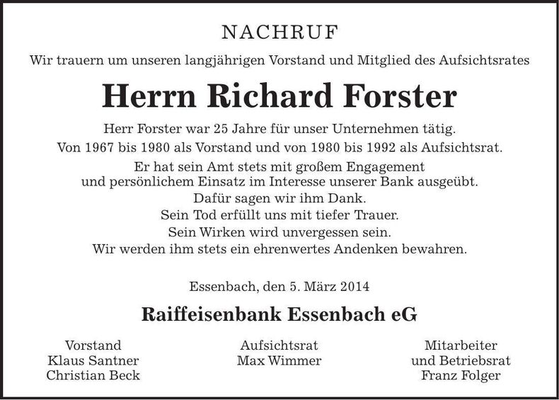 Traueranzeige Richard Forster