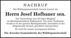 Traueranzeige Josef Hofbauer